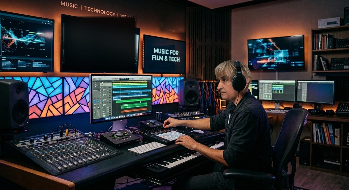Gui Tavares at the studio desk with headphones on, a session open on screen beside the console and keyboard
